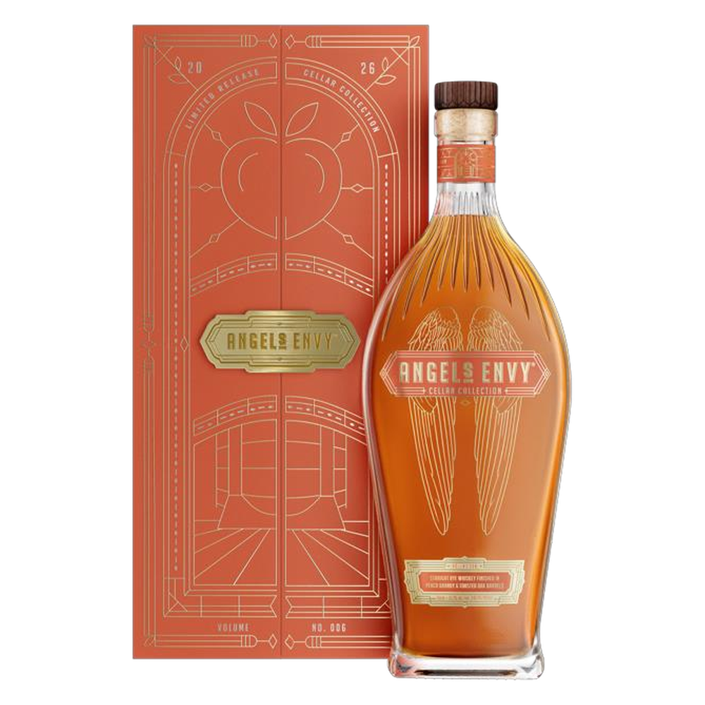 Angel's Envy 2026 Cellar Collection Peach Brandy Rye Kentucky Whiskey bottle and box