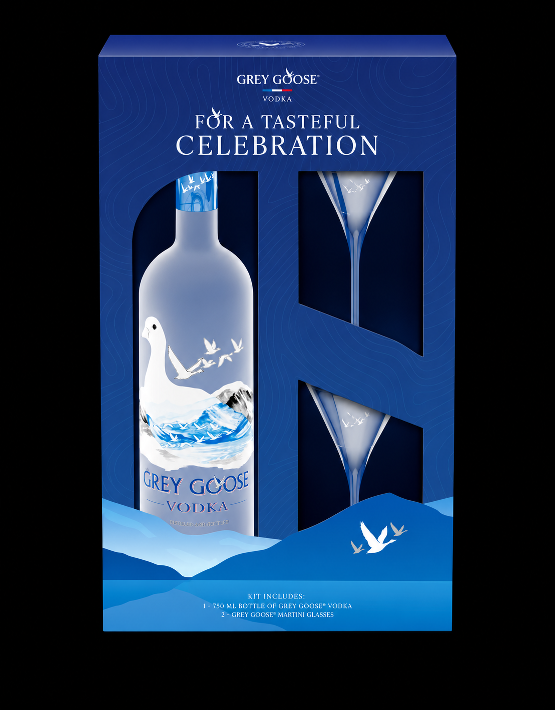Grey Goose Vodka 750ml with 2 Martini Glasses Gift Box